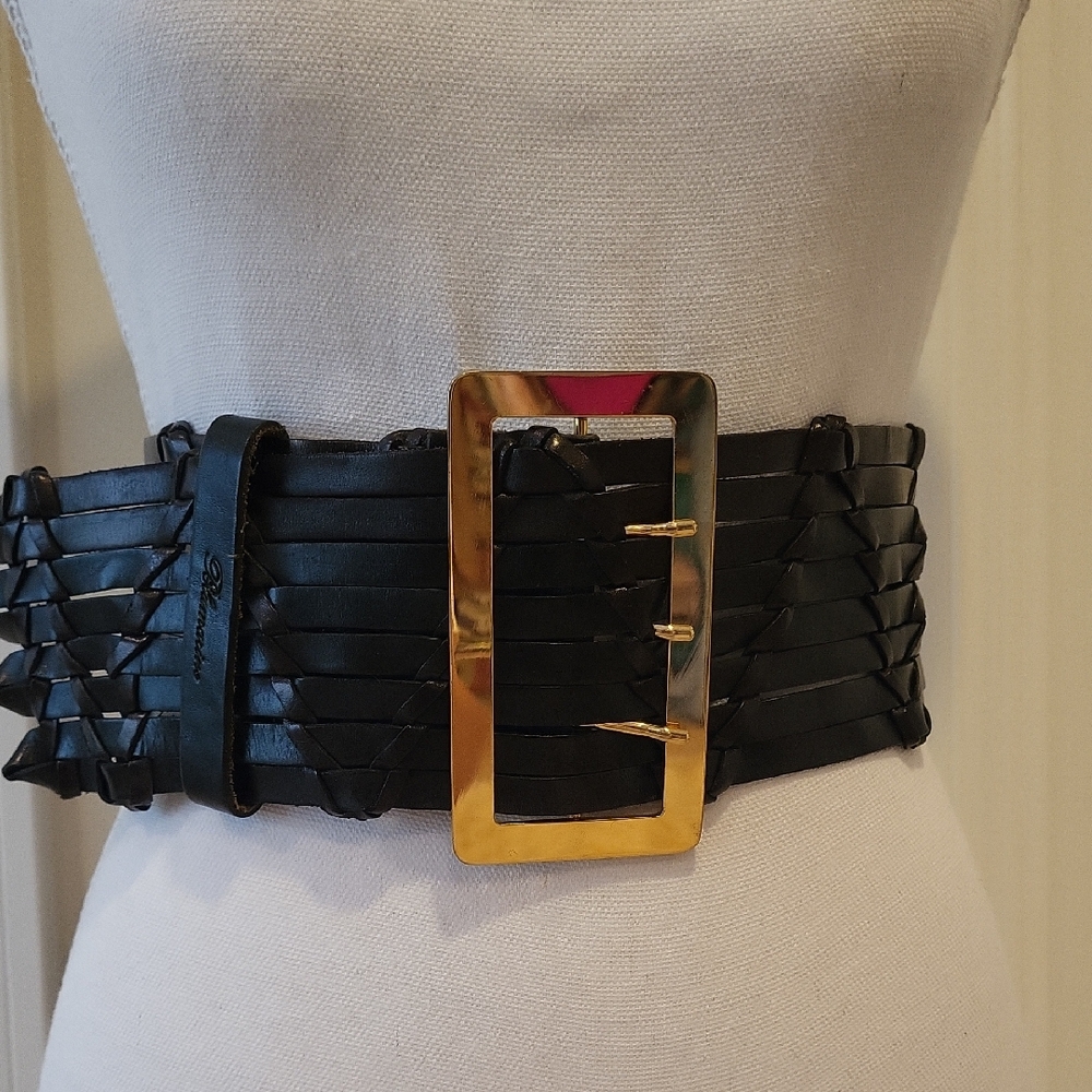 Blumarine, Black Leather Belt with Gold Buckle